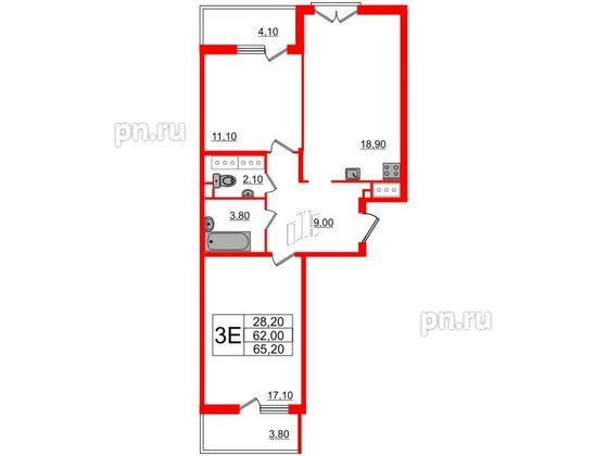 Квартира в ЖК Квартал Che, 2 комнатная, 65.4 м², 2 этаж