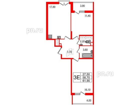 Квартира в ЖК Квартал Che, 2 комнатная, 62.4 м², 7 этаж