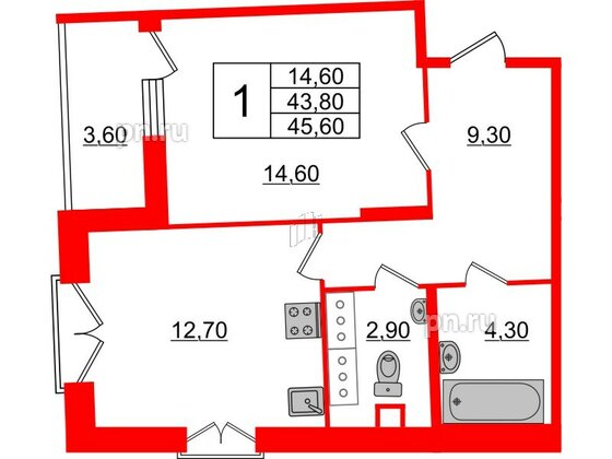 Квартира в ЖК Квартал Che, 1 комнатная, 46.4 м², 3 этаж