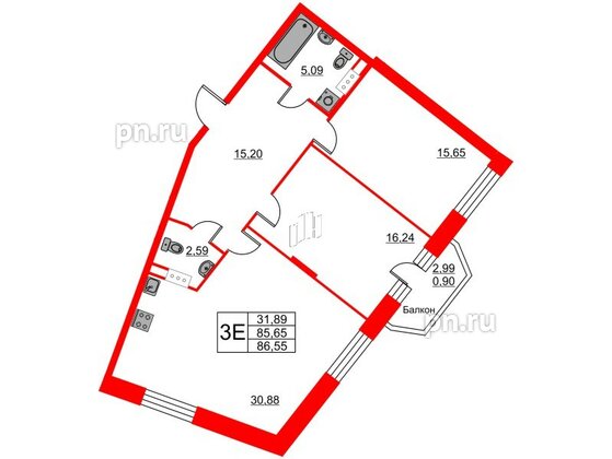 Квартира в ЖК Ariosto!, 2 комнатная, 86.55 м², 3 этаж