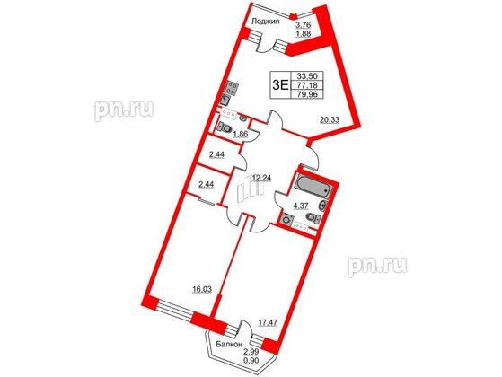 Квартира в ЖК Ariosto!, 2 комнатная, 79.96 м², 3 этаж