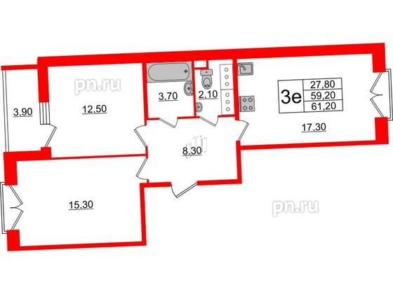 Квартира в ЖК Квартал Che, 2 комнатная, 62.4 м², 3 этаж