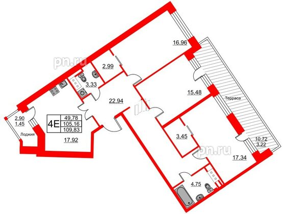 Квартира в ЖК Ariosto!, 3 комнатная, 109.83 м², 12 этаж