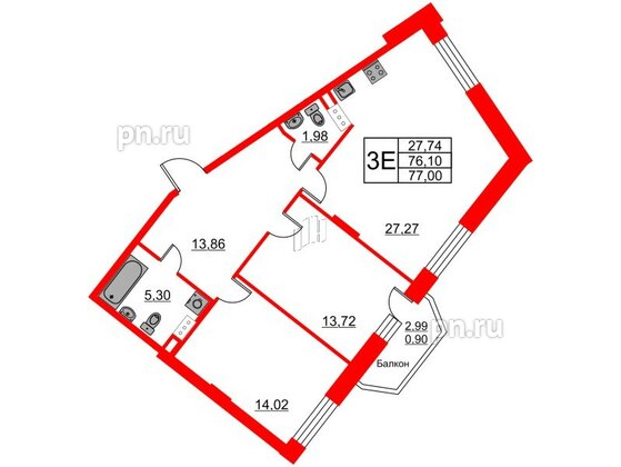 Квартира в ЖК Ariosto!, 2 комнатная, 77 м², 5 этаж