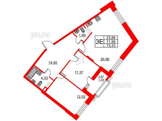 Квартира в ЖК Ariosto!, 2 комнатная, 73.33 м², 11 этаж