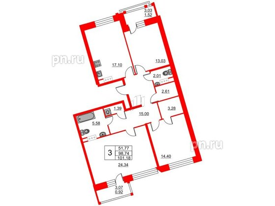 Квартира в ЖК Ariosto!, 3 комнатная, 101.18 м², 12 этаж