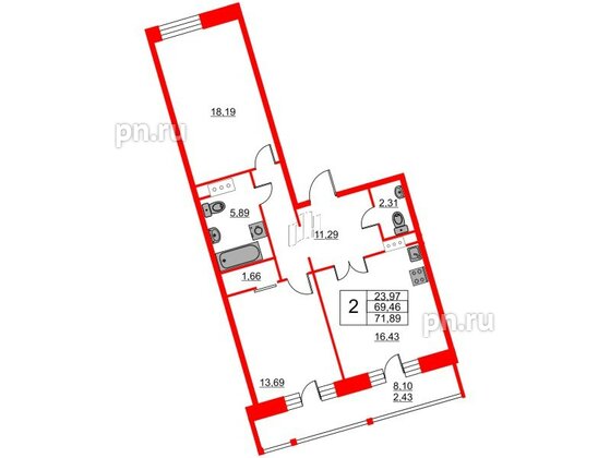 Квартира в ЖК Ariosto!, 2 комнатная, 71.89 м², 12 этаж