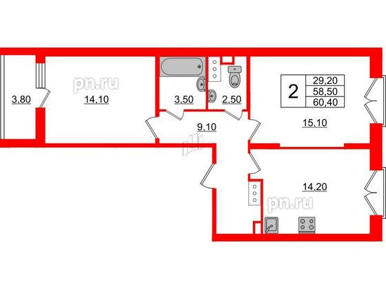 Квартира в ЖК Квартал Che, 2 комнатная, 61.3 м², 11 этаж