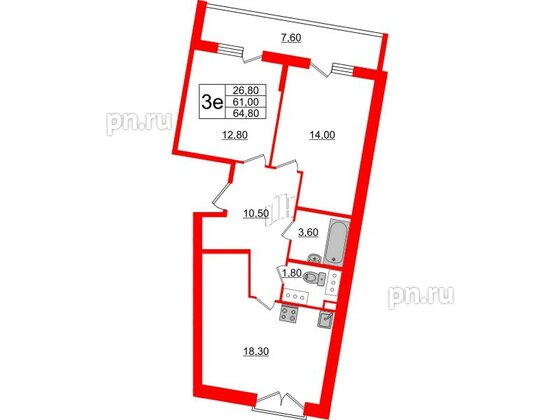 Квартира в ЖК Квартал Che, 2 комнатная, 66.3 м², 6 этаж