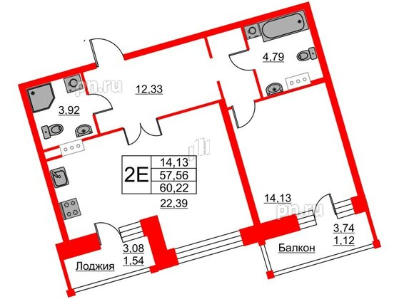 Квартира в ЖК Ariosto!, 1 комнатная, 60.22 м², 12 этаж