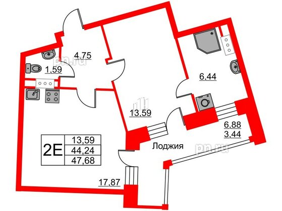 Квартира в ЖК Ariosto!, 1 комнатная, 47.68 м², 12 этаж