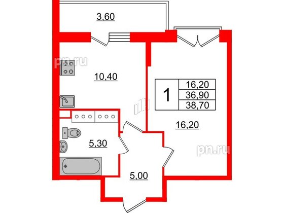 Квартира в ЖК Квартал Che, 1 комнатная, 39.5 м², 7 этаж