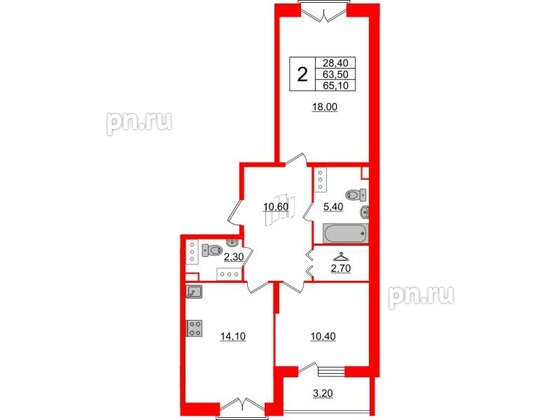 Квартира в ЖК Квартал Che, 2 комнатная, 66.8 м², 11 этаж