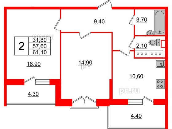 Квартира в ЖК Квартал Che, 2 комнатная, 62.1 м², 11 этаж