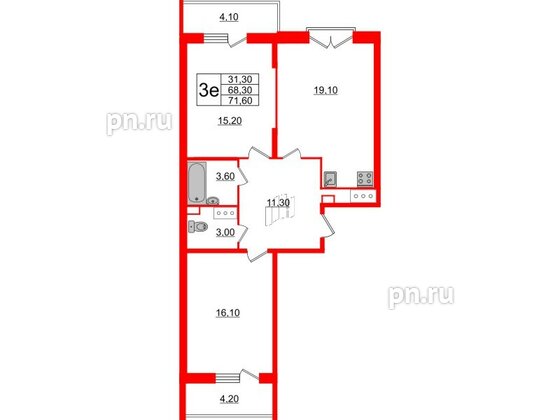 Квартира в ЖК Квартал Che, 2 комнатная, 73.3 м², 7 этаж