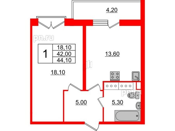 Квартира в ЖК Квартал Che, 1 комнатная, 44.6 м², 3 этаж