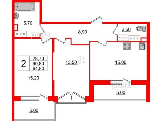 Квартира в ЖК Квартал Che, 2 комнатная, 65.7 м², 9 этаж