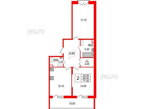 Квартира в ЖК Квартал Che, 2 комнатная, 73 м², 4 этаж