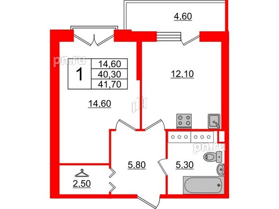 Квартира в ЖК Квартал Che, 1 комнатная, 41.6 м², 9 этаж