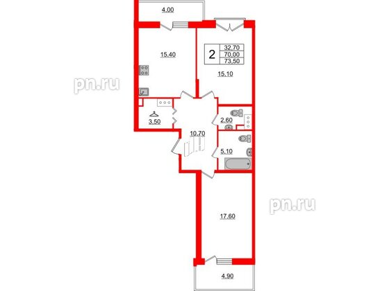 Квартира в ЖК Квартал Che, 2 комнатная, 75.3 м², 8 этаж