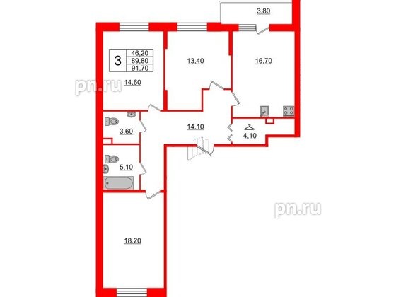 Квартира в ЖК Квартал Che, 3 комнатная, 93.1 м², 1 этаж