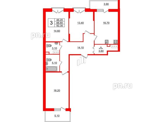 Квартира в ЖК Квартал Che, 3 комнатная, 94.1 м², 2 этаж