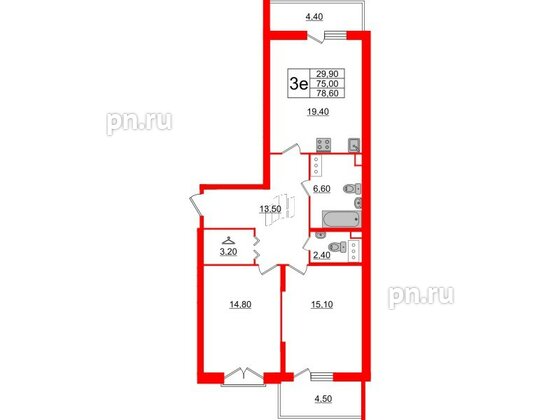 Квартира в ЖК Квартал Che, 2 комнатная, 80.4 м², 4 этаж