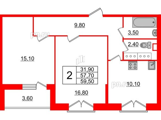 Квартира в ЖК Квартал Che, 2 комнатная, 59.8 м², 9 этаж