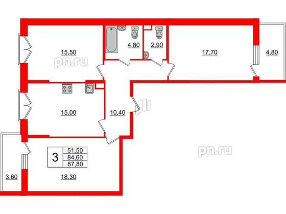 Квартира в ЖК Квартал Che, 3 комнатная, 89.9 м², 2 этаж