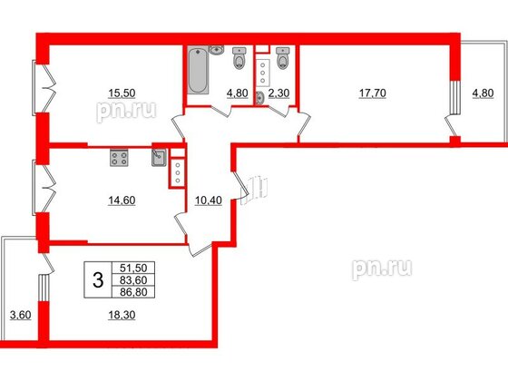 Квартира в ЖК Квартал Che, 3 комнатная, 88.6 м², 3 этаж