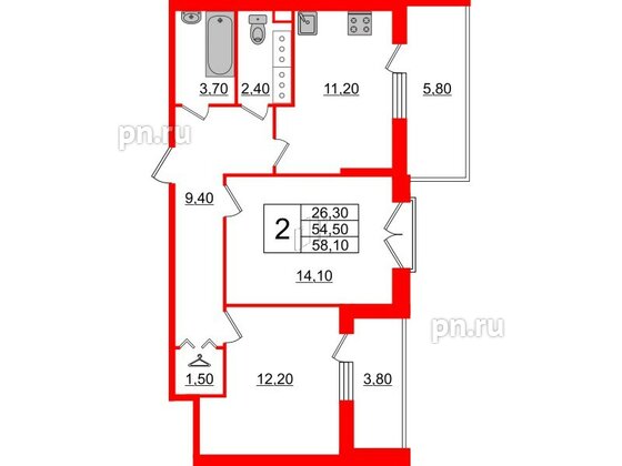 Квартира в ЖК Квартал Che, 2 комнатная, 59.4 м², 11 этаж