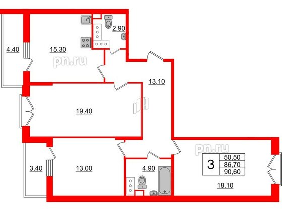 Квартира в ЖК Квартал Che, 3 комнатная, 92.6 м², 8 этаж