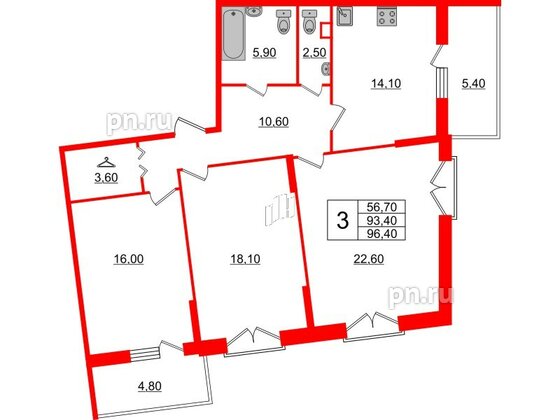 Квартира в ЖК Квартал Che, 3 комнатная, 97.7 м², 2 этаж