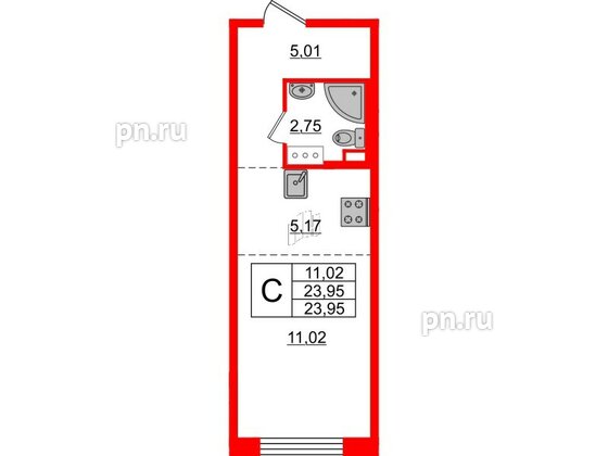 Квартира в ЖК «Черная Речка», студия, 23.4 м², 4 этаж