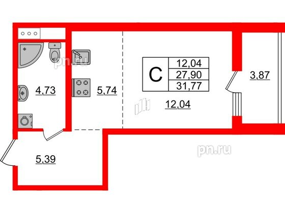 Квартира в ЖК «Черная Речка», студия, 27.6 м², 3 этаж