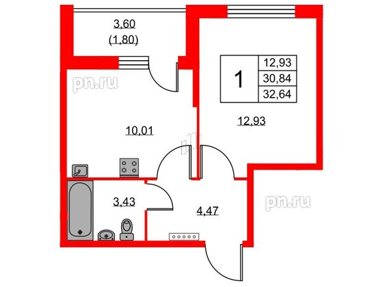 Квартира в ЖК Аквилон Sky, 1 комнатная, 32.5 м², 1 этаж