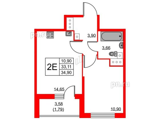 Квартира в ЖК Аквилон Sky, 1 комнатная, 34.7 м², 24 этаж