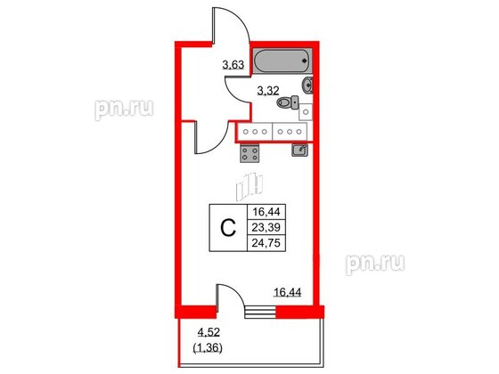 Квартира в ЖК Аквилон Sky, студия, 24.8 м², 21 этаж