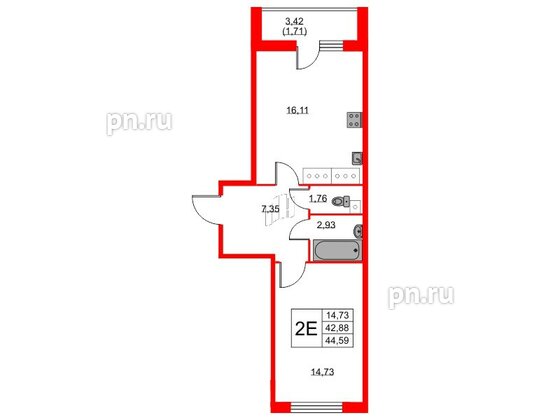 Квартира в ЖК Аквилон Sky, 1 комнатная, 44.4 м², 20 этаж