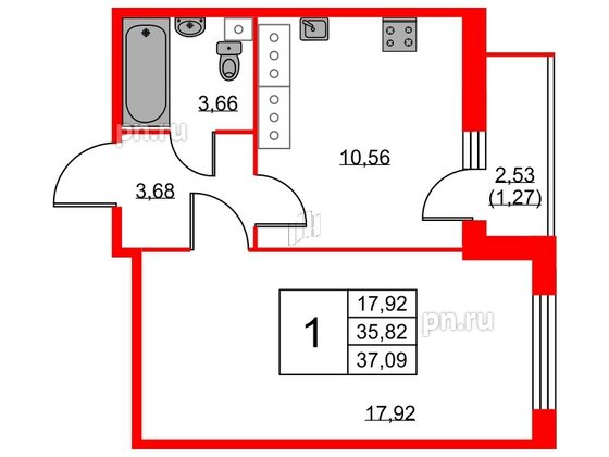 Квартира в ЖК Аквилон Sky, 1 комнатная, 36.9 м², 23 этаж