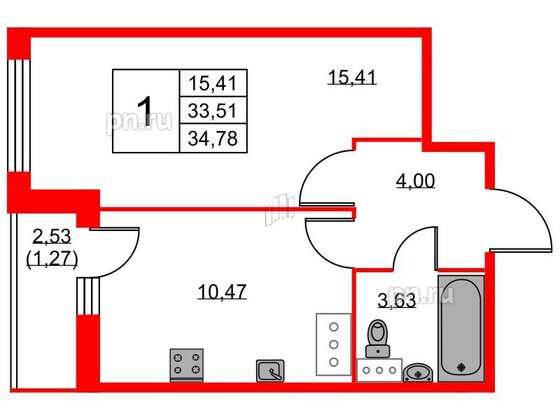 Квартира в ЖК Аквилон Sky, 1 комнатная, 34.7 м², 13 этаж