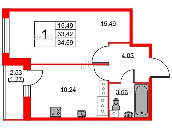 Квартира в ЖК Аквилон Sky, 1 комнатная, 34.7 м², 21 этаж