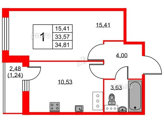 Квартира в ЖК Аквилон Sky, 1 комнатная, 34.8 м², 13 этаж