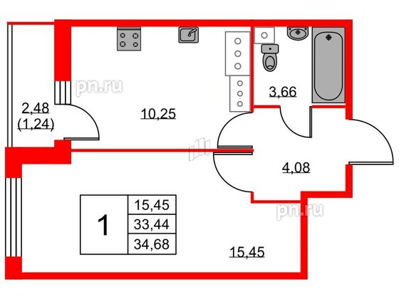 Квартира в ЖК Аквилон Sky, 1 комнатная, 34.7 м², 21 этаж