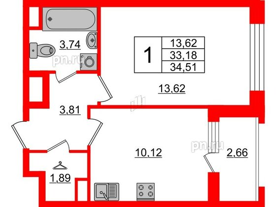 Квартира в ЖК «Нью Тайм», 1 комнатная, 34.4 м², 2 этаж