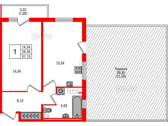 Квартира в ЖК Лампо, 1 комнатная, 38.2 м², 3 этаж