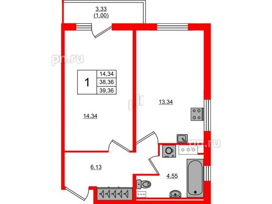 Квартира в ЖК Лампо, 1 комнатная, 38.2 м², 5 этаж