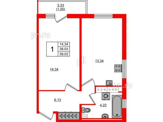 Квартира в ЖК Лампо, 1 комнатная, 38.1 м², 11 этаж