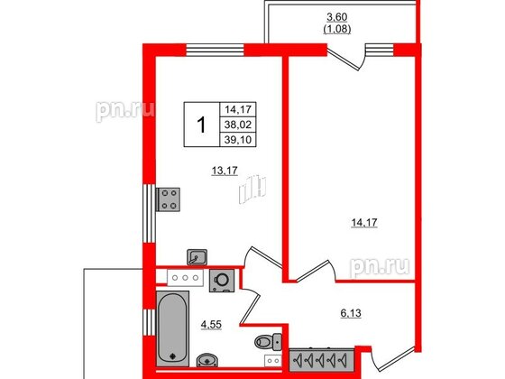 Квартира в ЖК Лампо, 1 комнатная, 37.9 м², 2 этаж