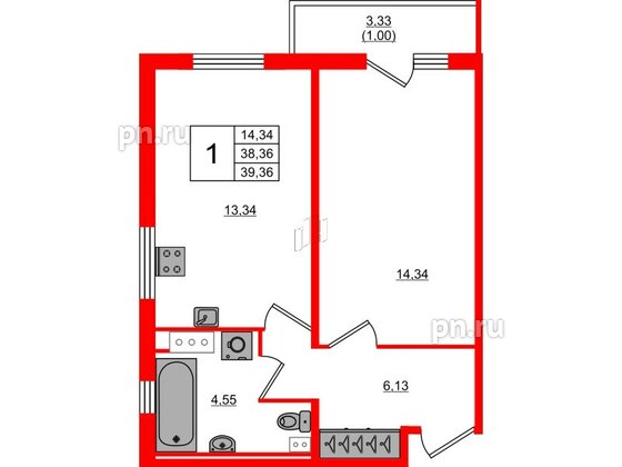 Квартира в ЖК Лампо, 1 комнатная, 38.4 м², 4 этаж